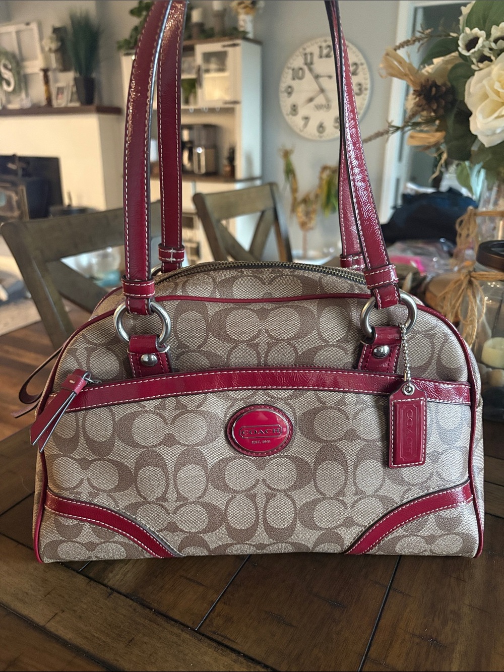 Coach Beige Signature Dome Satchel with Red Trim